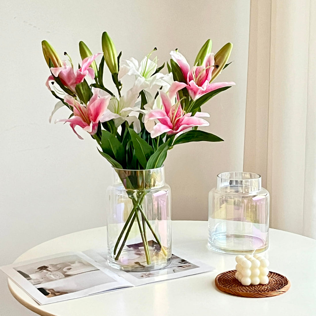 Iridescent Glass Cylinder Vase – 9" Large Thick Flower Vase