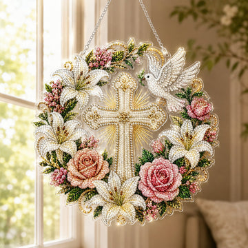 Cross, Flowers & Peace Dove Diamond Art Hanging Ornament Kit