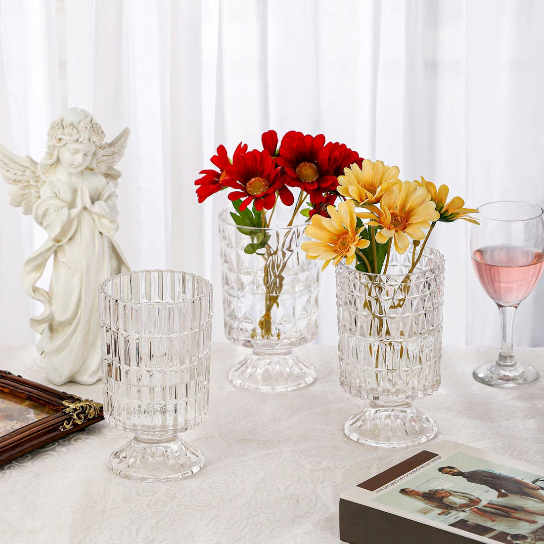 Pedestal Base Embossed Glass Vase – 9" Wide Mouth Ribbed Flower Vase