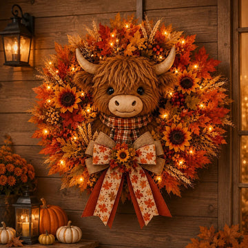 Autumn Highland cow wreath decoration with lights