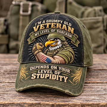 "I'm A Grumpy Old Veteran My Level Of Sarcasm Depends On Your Level Of Stupidity" Eagle Hat