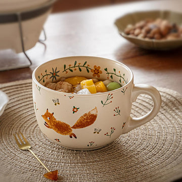 Large Ceramic Soup Mug with Lid & Handle – 24 oz Cute Fox Pattern Porcelain Cup