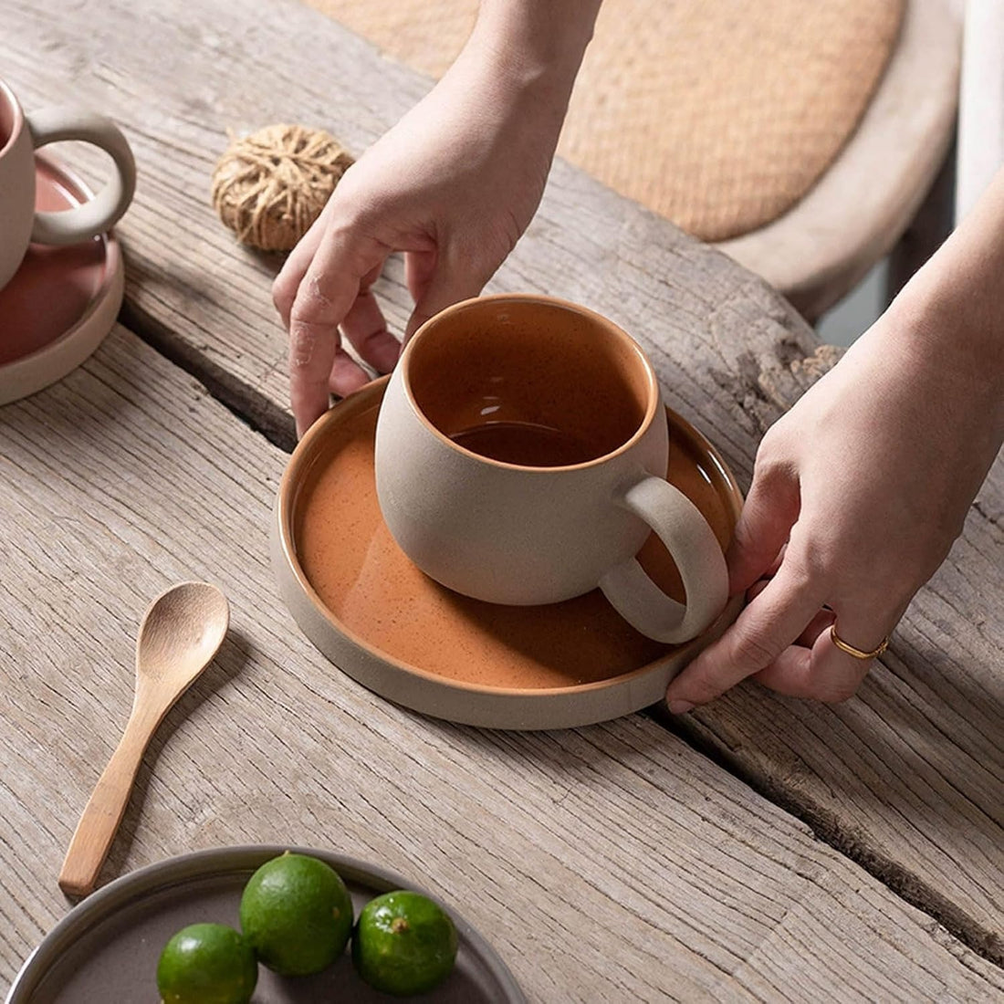 Handmade Rustic Ceramic Tea Mug with Saucer Coffee Cup