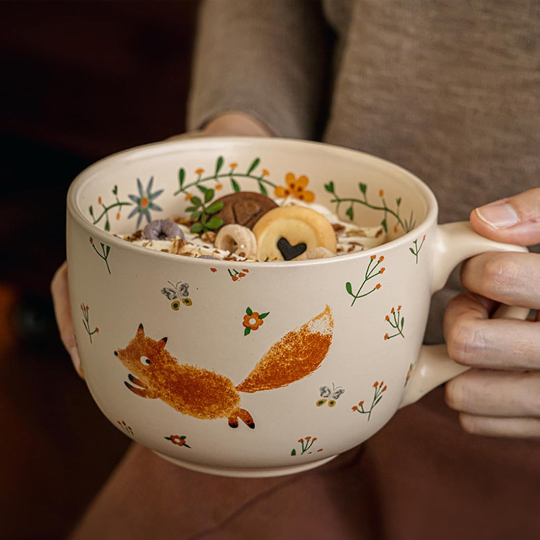 Large Ceramic Soup Mug with Lid & Handle – 24 oz Cute Fox Pattern Porcelain Cup
