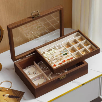 2-Layer Walnut Jewelry Box with Glass Lid – Vintage Solid Wood Organizer & Display Case