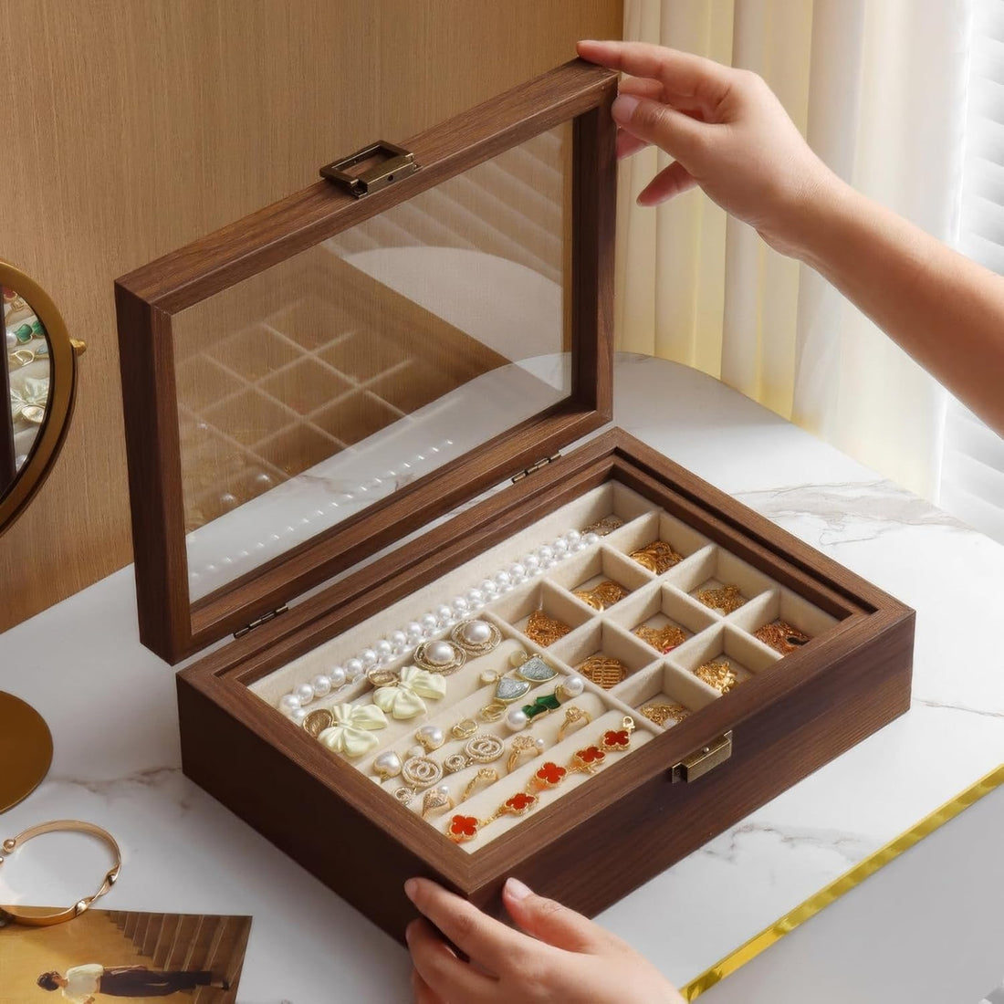 2-Layer Walnut Jewelry Box with Glass Lid – Vintage Solid Wood Organizer & Display Case
