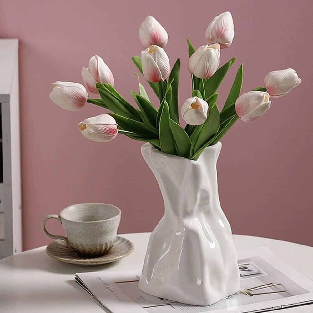 Paper Bag Vase – Unique Crinkle Design White Ceramic Vase