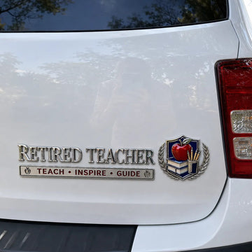 Metal Car Badge: "Retired Teacher – Teaching Inspiration Guide"