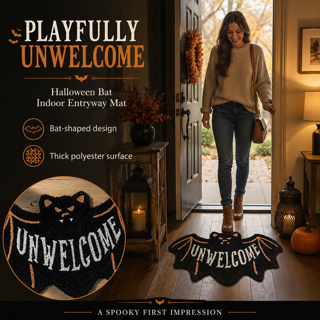 Halloween Unwelcome Bat Thick Polyester Indoor Entryway Mat