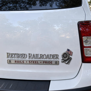 Retired Railroader Rails Steel Pride Metal Car Emblem Badge