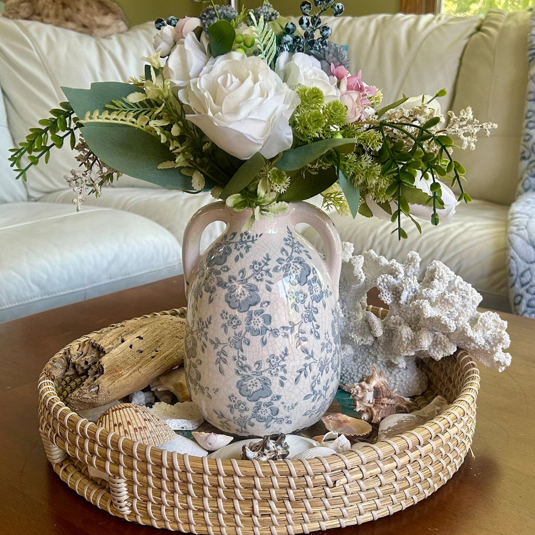 Vintage Chinoiserie Blue and White Pitcher Vase – 7" Retro Ice Crackle