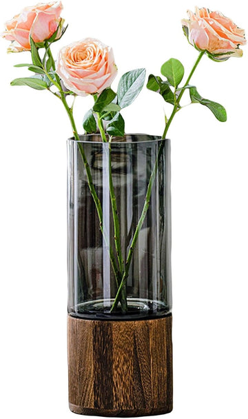 Artistic Wood and Glass Vase – Wooden Base Cylindrical Flower Vase