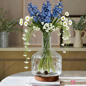 Rippled Glass Vase with Wooden Base – Clear Jug Vase for Long Stem Flowers