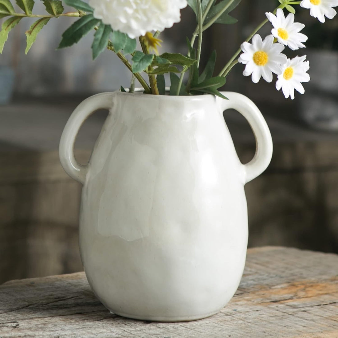 Modern Farmhouse Decor White Ceramic Vase with Two Handles