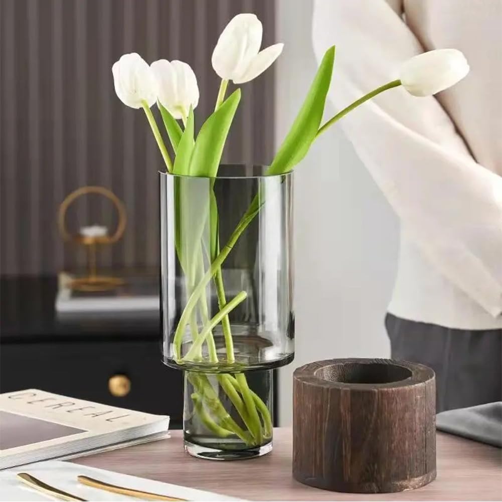 Artistic Wood and Glass Vase – Wooden Base Cylindrical Flower Vase