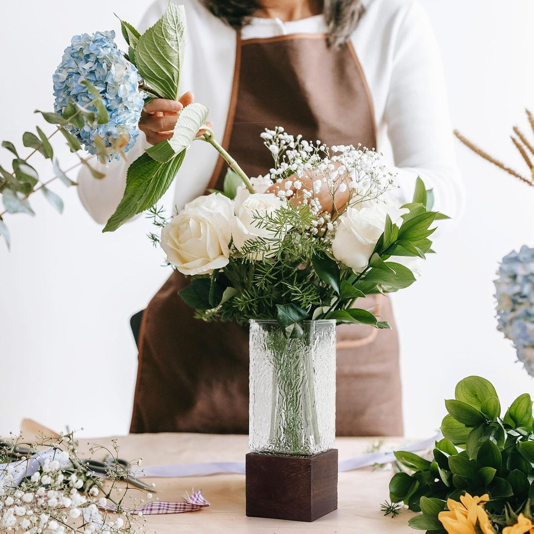 Artistic Square Wood & Glass Vase – Separable Base Boho Rustic Farmhouse