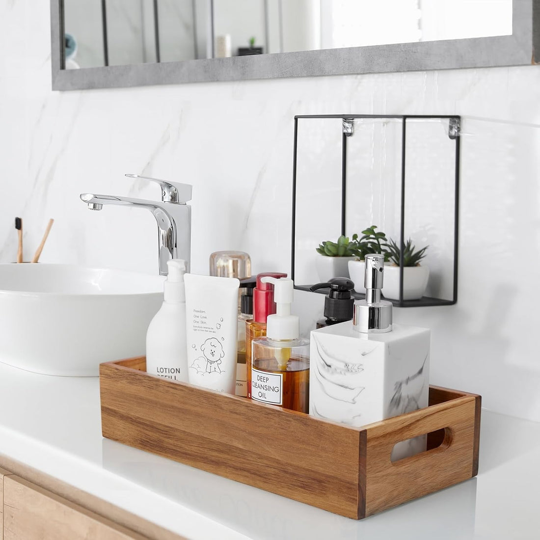 Acacia Wood Bathroom Storage Basket with Handle – Small Narrow Toilet Paper Basket