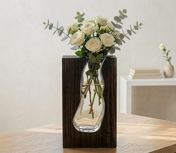 Handcrafted Solid Wood and Glass Vase – Rustic Farmhouse Table Centerpiece