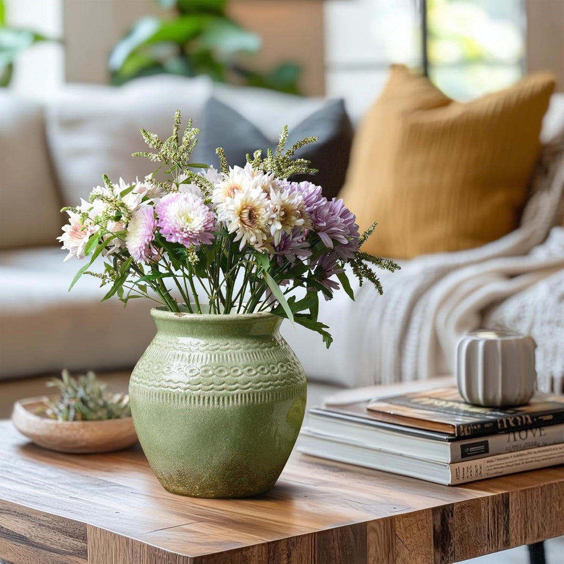 Green Distressed Ceramic Farmhouse Vase – Rustic Boho Decorative Vase