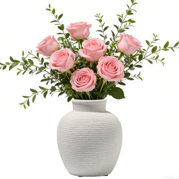 Modern White Ceramic Vase – 6" Rustic Ribbed Flower Vase