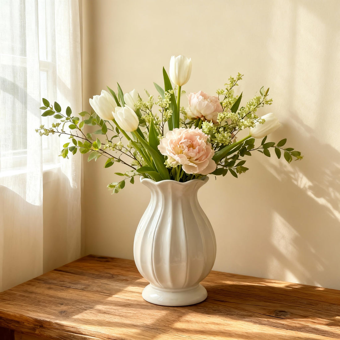 White Ribbed Farmhouse Ceramic Vase – 7.8" with Scalloped Rim, Decorative Vase