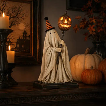 Lighted Vintage Ghost Figurine with Glowing Pumpkin Staff