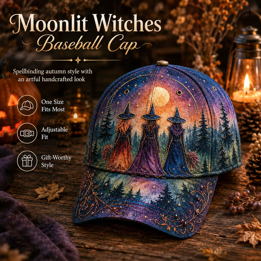 Three Witches Moonlight Baseball Cap