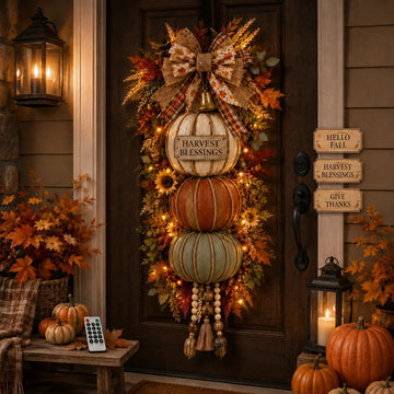 Lighted Stacked Pumpkin Fall Door Decor with 3 Seasonal Plaques
