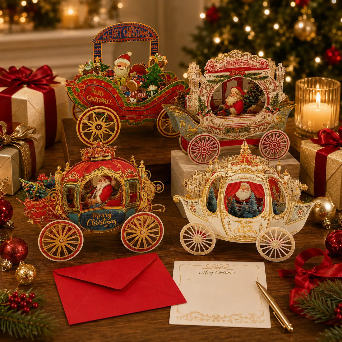 3D Christmas Carriage Pop-Up Greeting Card Set