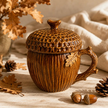 Acorn Lidded Mug with Oak Leaf & Branch Handle