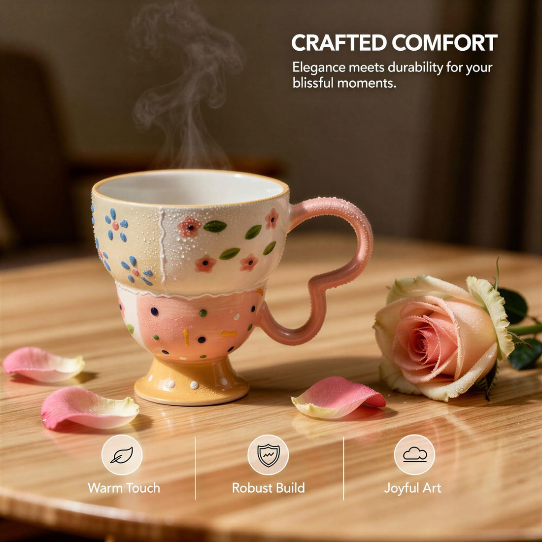 Hand-Painted Embossed Floral Ceramic Mug – Pink Grid High Goblet Coffee Cup