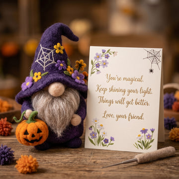 Handmade Needle Felted Gnome with Emotional Support Keepsake Card