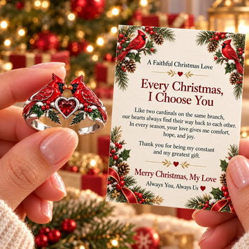 Two Cardinal Heart Christmas Ring