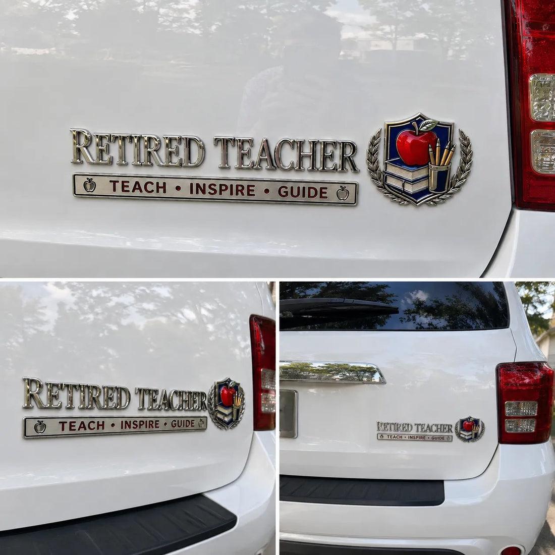Metal Car Badge: "Retired Teacher – Teaching Inspiration Guide"
