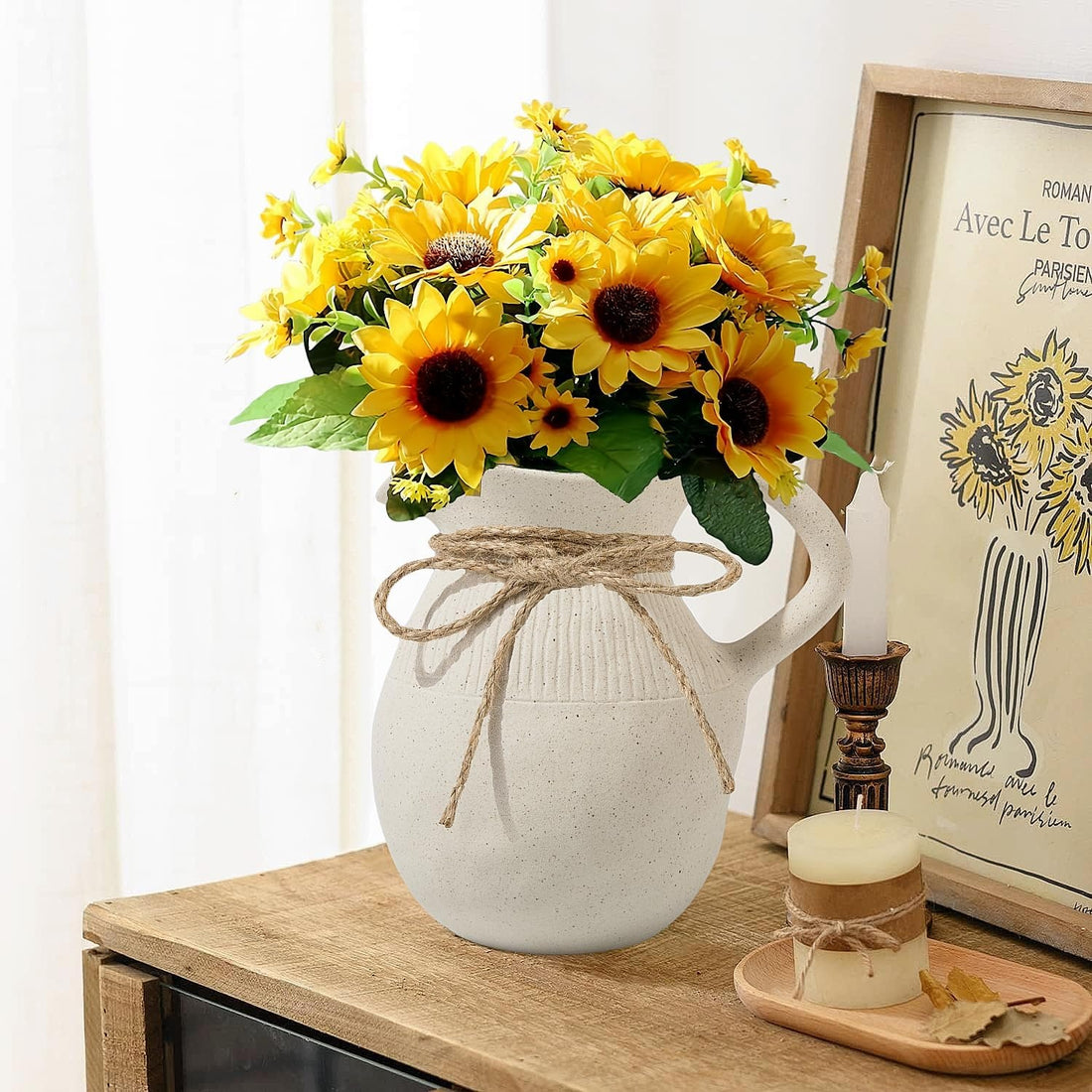 Farmhouse Ceramic Pitcher Vase with Handle
