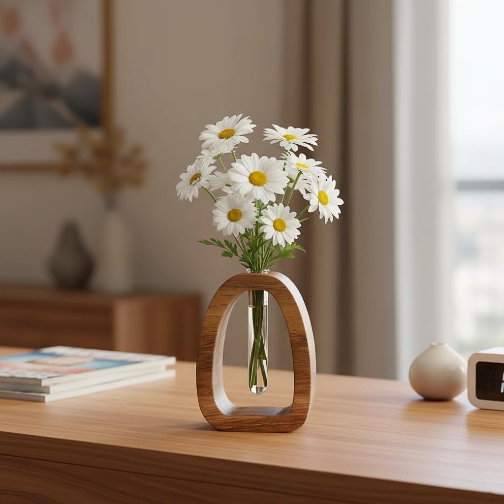 Solid Wood Frame Glass Test Tube Vase – Hydroponic Plant Desk Decor