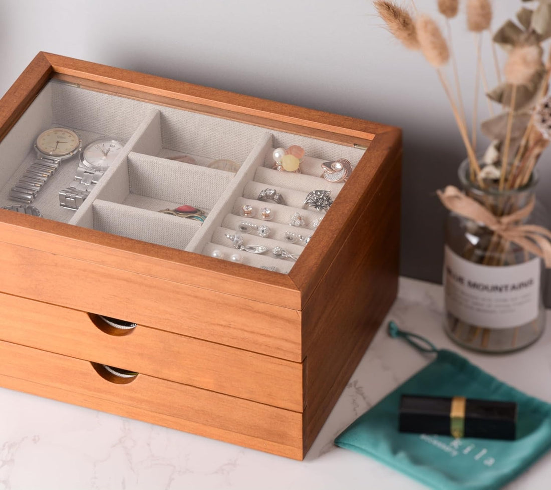 Wood Jewelry Box with Glass Lid – 3-Layer Organizer