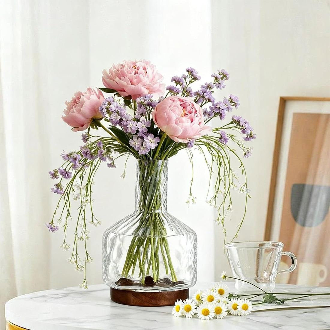 Rippled Glass Vase with Wooden Base – Clear Jug Vase for Long Stem Flowers