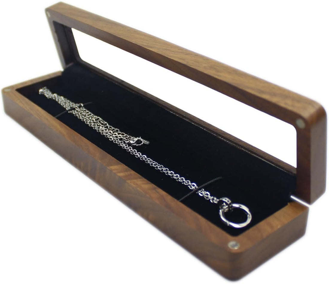 Walnut Wooden Long Rectangular Necklace Box – Transparent Lid Jewelry Display & Storage Case