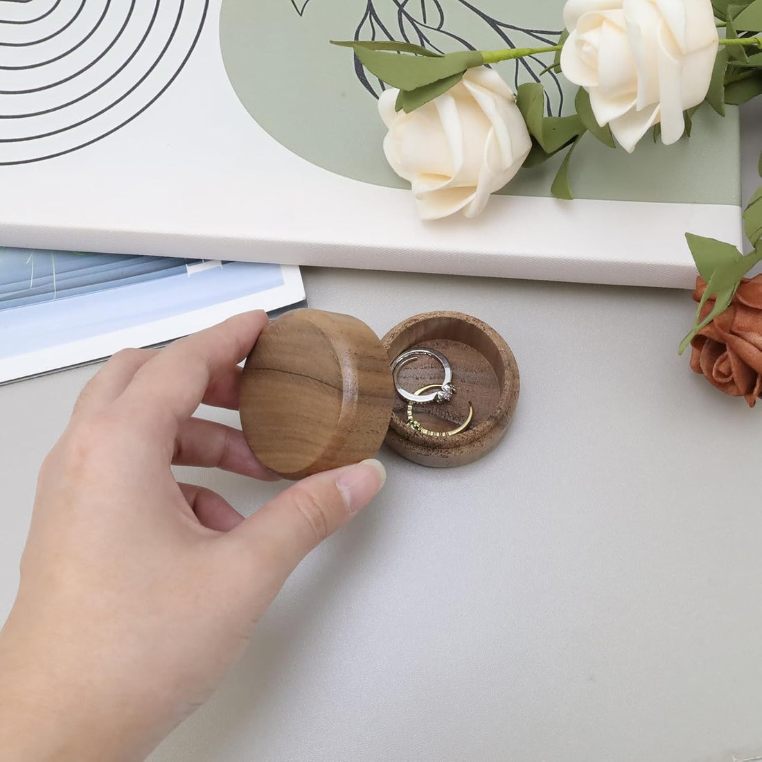 Mini Round Wooden Ring Box – Solid Wood DIY Storage Trinket Bearer