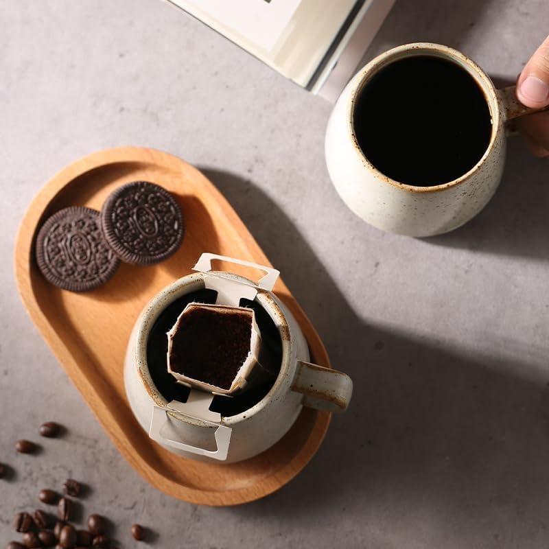 Retro Stoneware Coffee Teacup with Wooden Saucer Set
