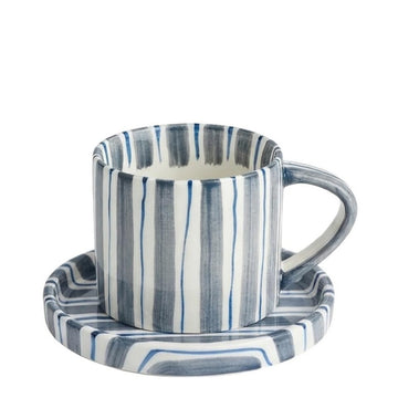 Hand-Painted Striped Ceramic Mug & Saucer Set – 8 oz Retro Cappuccino Cup
