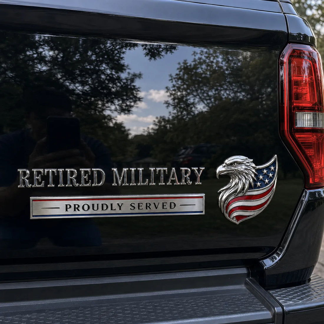 Retired Military Proudly Served Eagle Car Emblem Metal Badge
