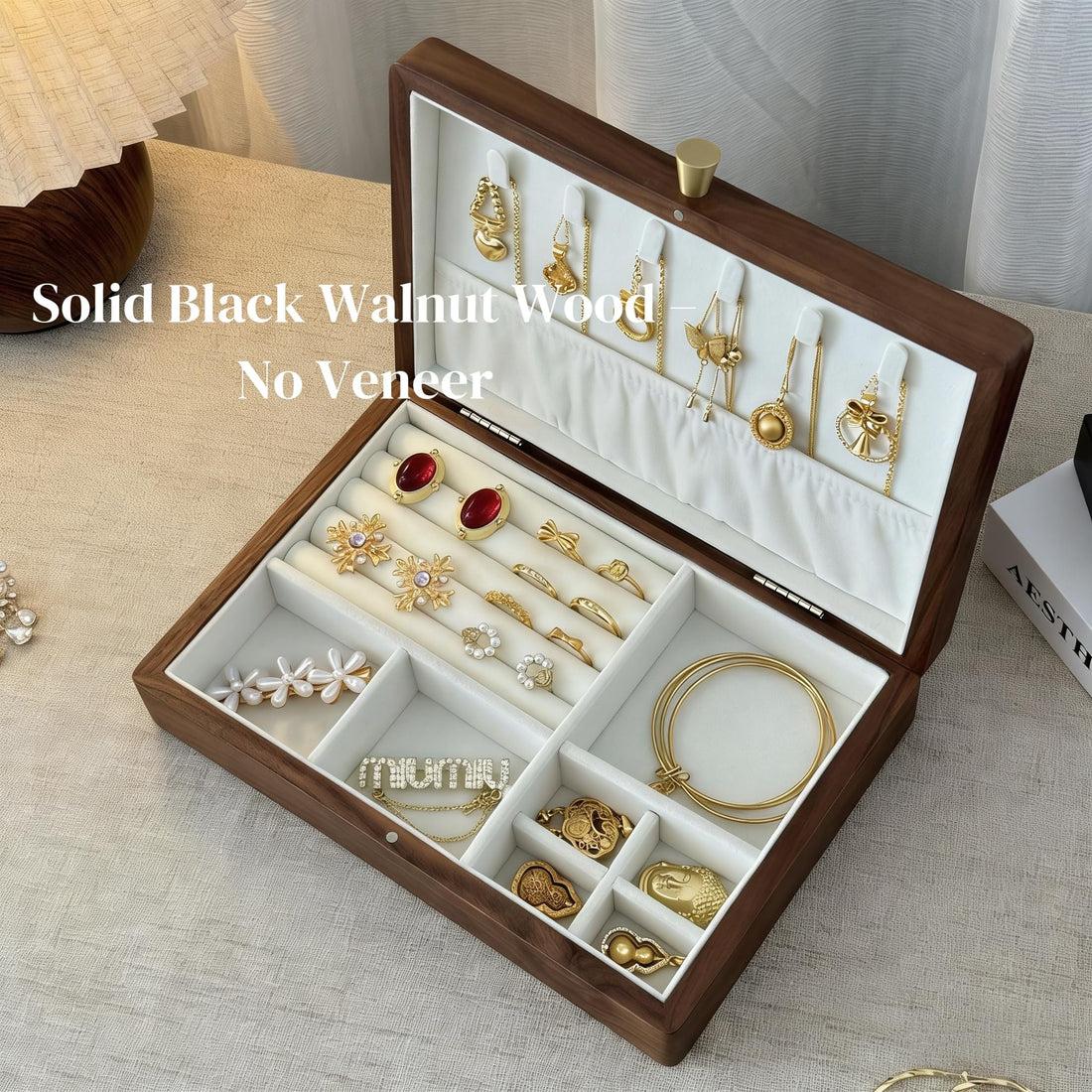 Solid Black Walnut Jewelry Box – 1 Layer Vintage Organizer