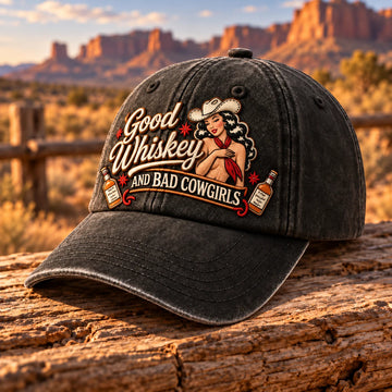 Good Whiskey And Bad Cowgirls Retro Western Pin-Up Baseball Cap
