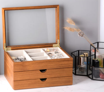 Wood Jewelry Box with Glass Lid – 3-Layer Organizer