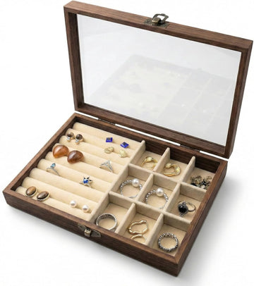Small Wooden Ring & Earring Organizer Box – Compact Jewelry Display Case