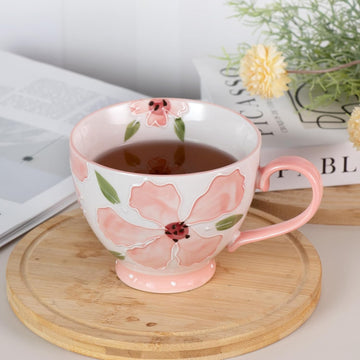 Hand-Painted Pink Floral Ceramic Mug – Vintage Breakfast Cup