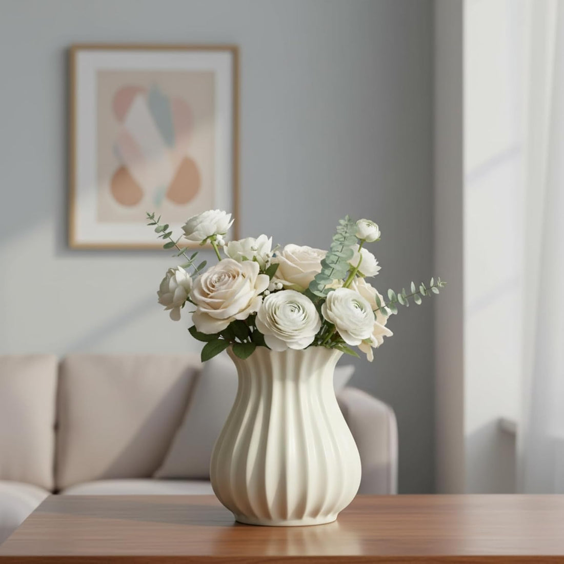 White Vintage Pleated Ceramic Vase – Sour Cream Stylish Decorative Flower Vase