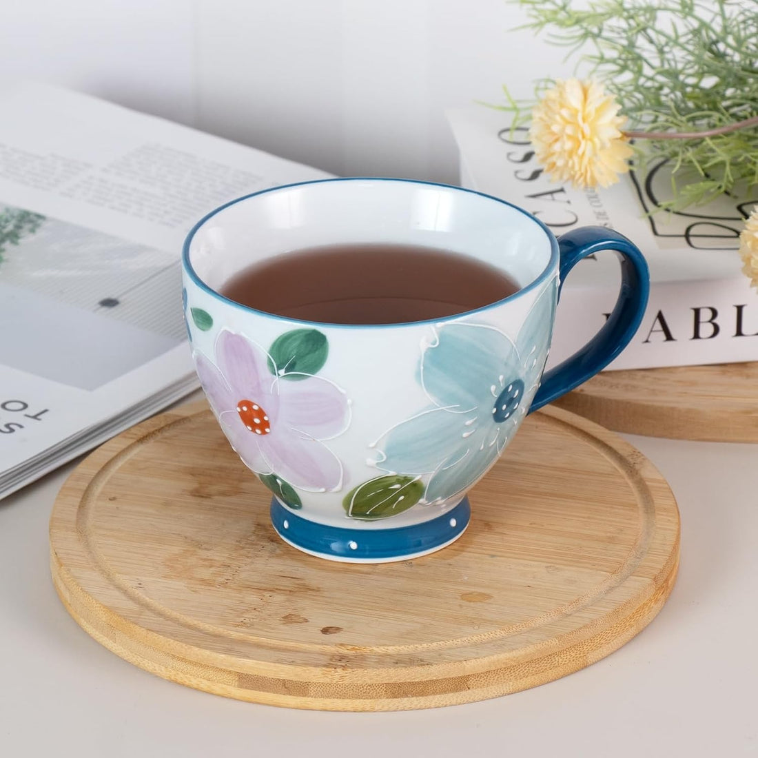 Hand-Painted Pink Floral Ceramic Mug – Vintage Breakfast Cup